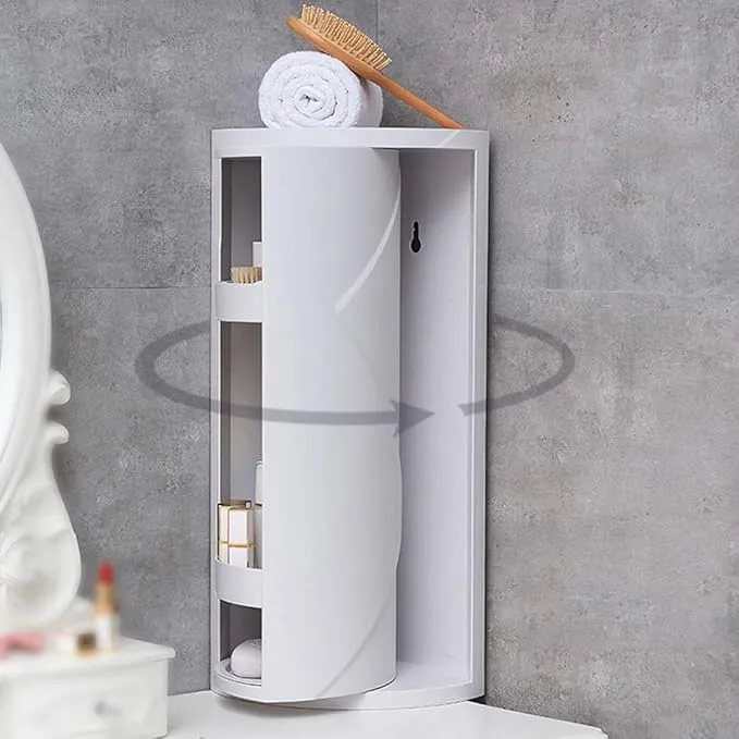 360 Rotating Corner Shelves,3 Tier Storage Cabinet Towel Holder Rack, Corner Cabinets with Doors and Shelves for Bathroom Bathtub Toilet Table