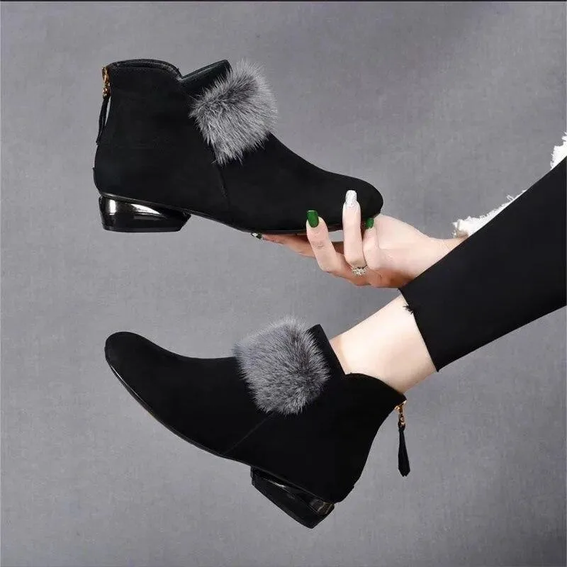 Plush Warm Snow Boots Low Heel Non-Slip Back Zipper Booties