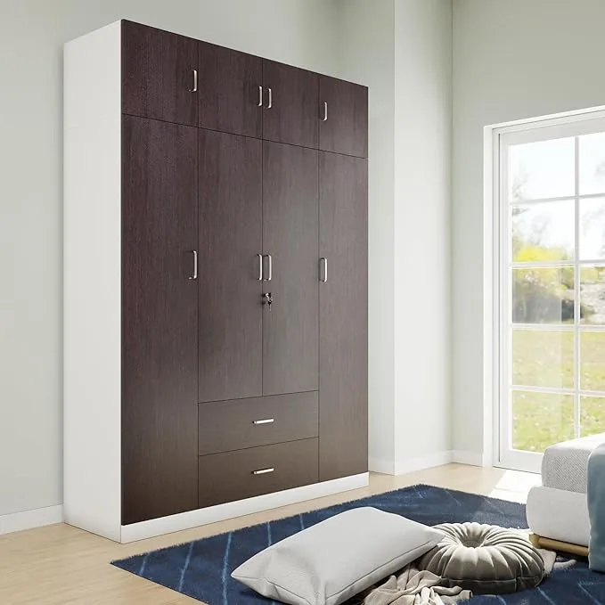 VIKI Wardrobe | Wooden Almirah for Clothes,Door for Bedroom with Loft, 4 Door Wardrobe with Drawer & Hanging Space (Frosty White with Dark Wenge - 40D x 160W x 220H)