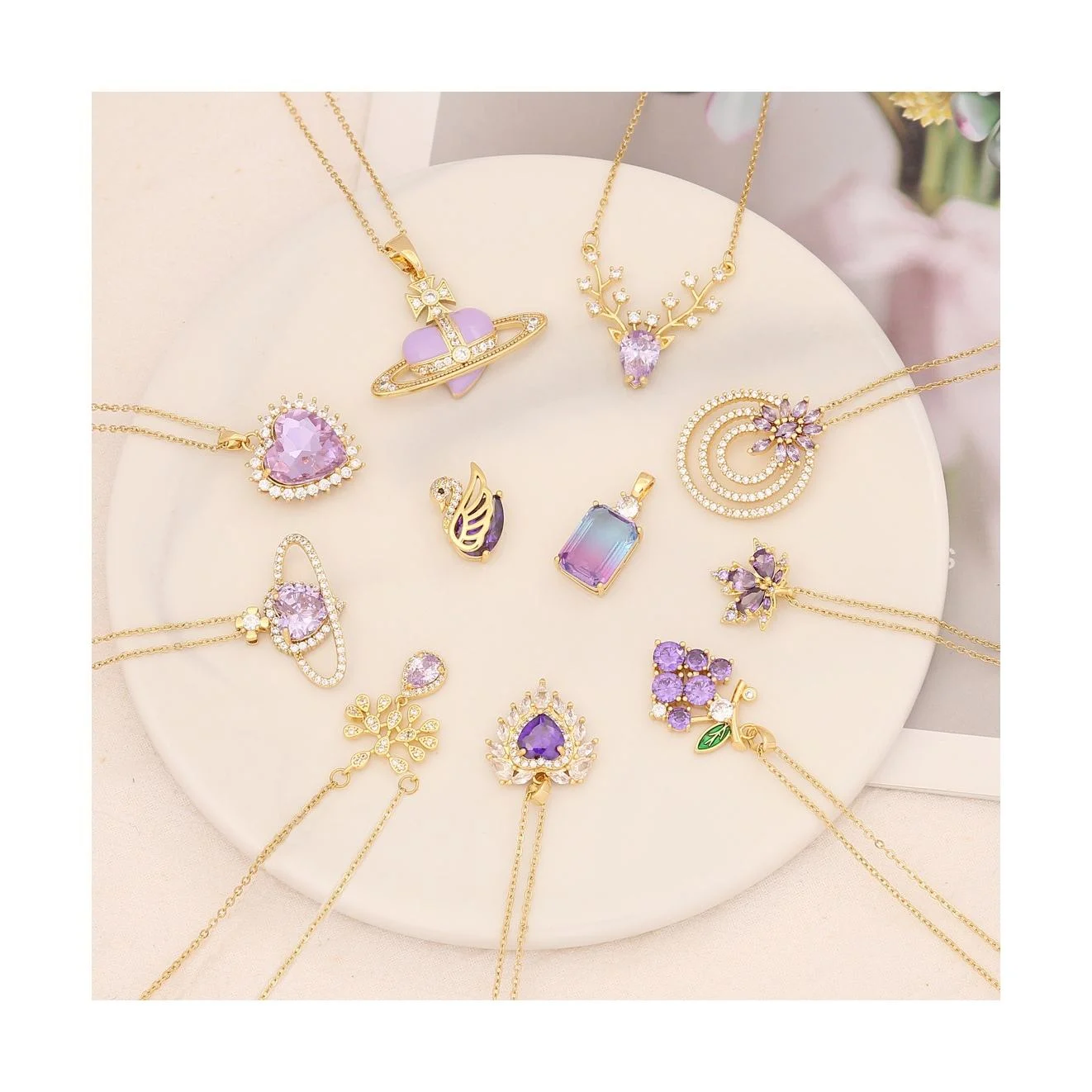 Women Fashion Jewelry Purple Style Brass Necklace