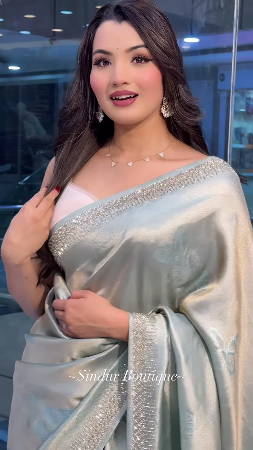 Elegant Sage Green Silk Saree with Sparkling Embellished Border